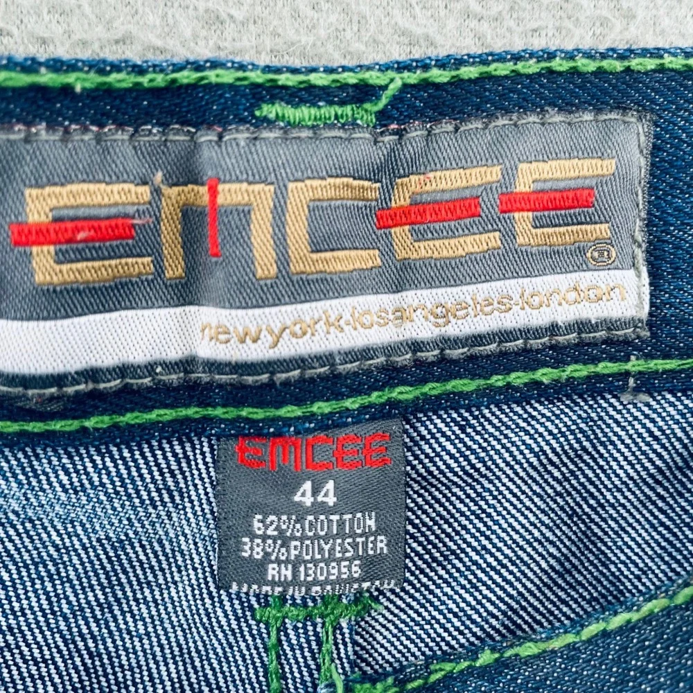 EMCEE Denim Jorts Men 44 Baggy Y2K Multicolor Embroidered Pocket Hip Hop